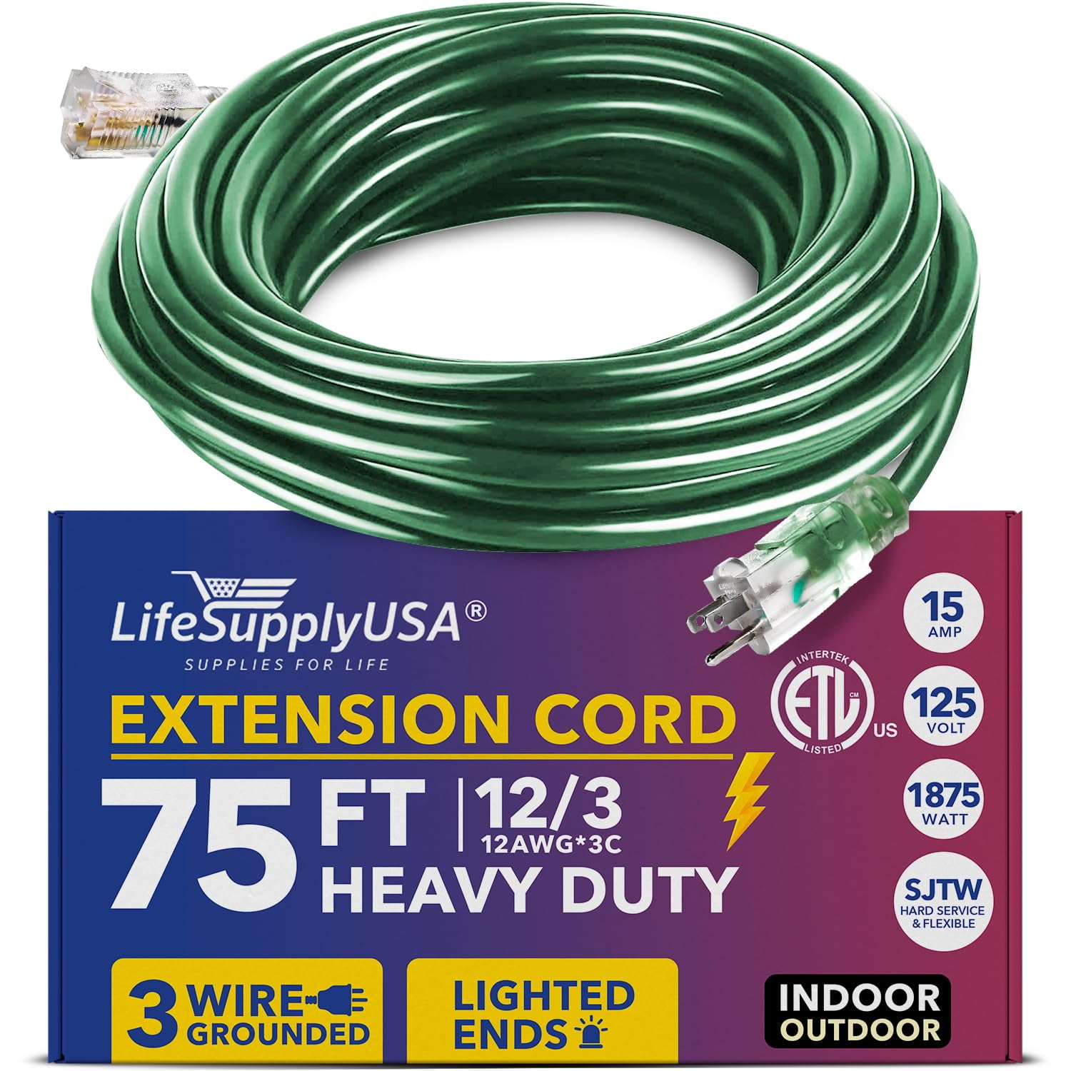 Free Shipping! 75ft Power Outdoor Extension Cord & Indoor Waterproof
