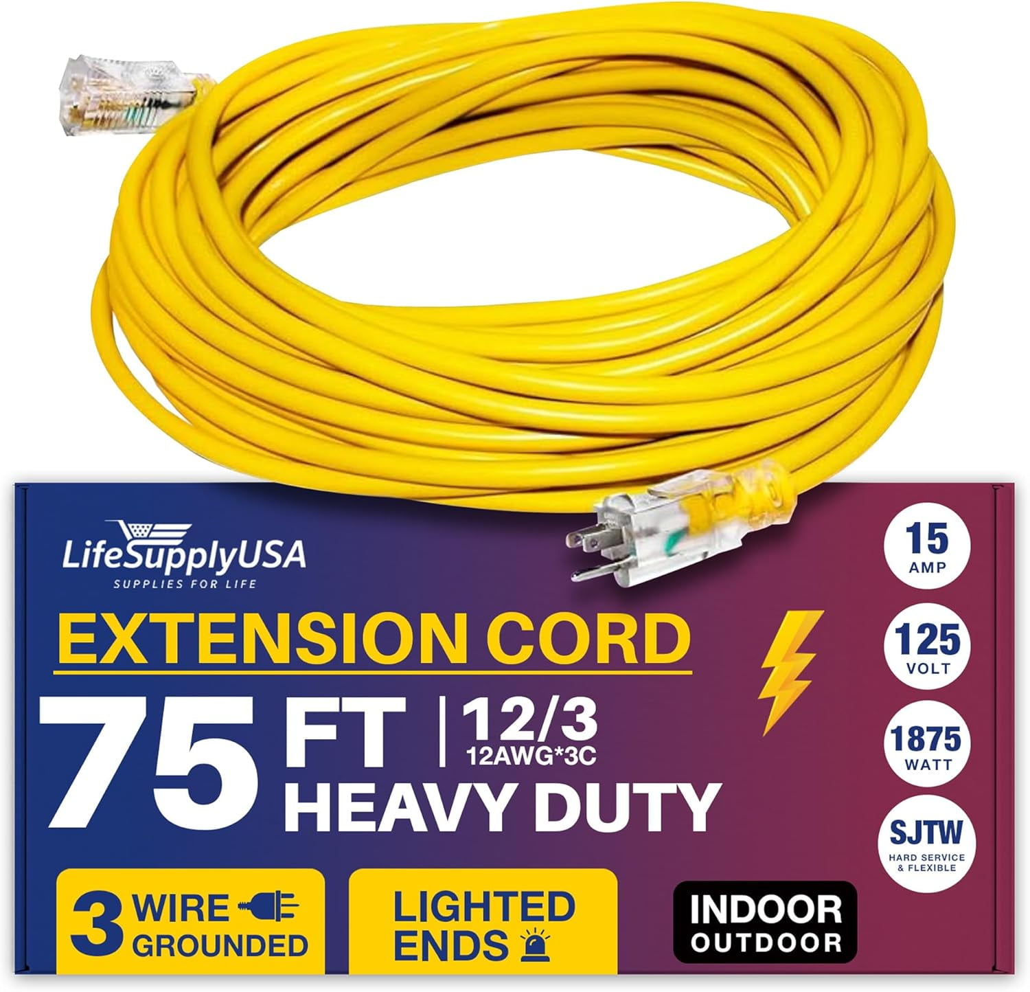 75ft Power Outdoor Extension Cord & Indoor - Waterproof Electric Drop Cord Cable - 3 Prong SJTW, 12 Gauge, 15 AMP, 125 Volts, 1875 Watts, 12/3 by LifeSupplyUSA - Yellow (1 Pack)