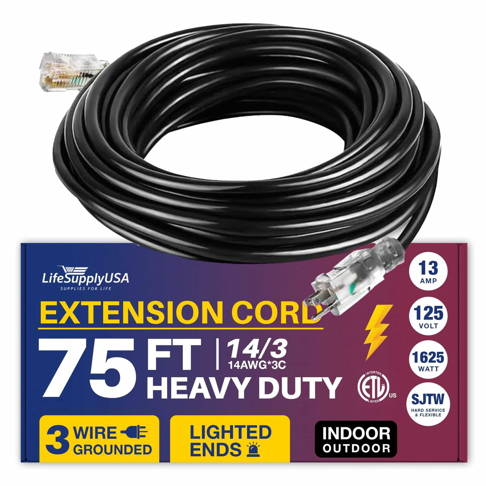 75ft Power Outdoor Extension Cord & Indoor - Waterproof Electric Drop Cord Cable - 3 Prong SJTW, 14 Gauge, 13 AMP, 125 Volts, 1625 Watts, 14/3 ETL Listed by LifeSupplyUSA - Black (1 Pack)