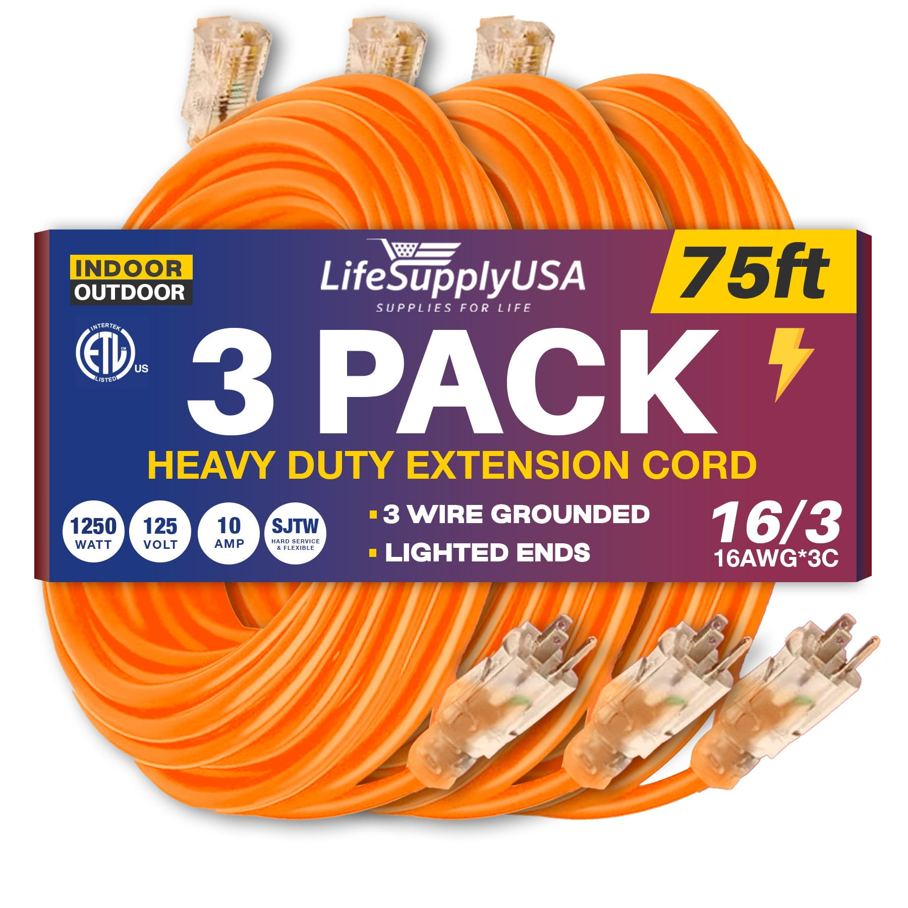 75ft Power Outdoor Extension Cord & Indoor Waterproof Electric Drop