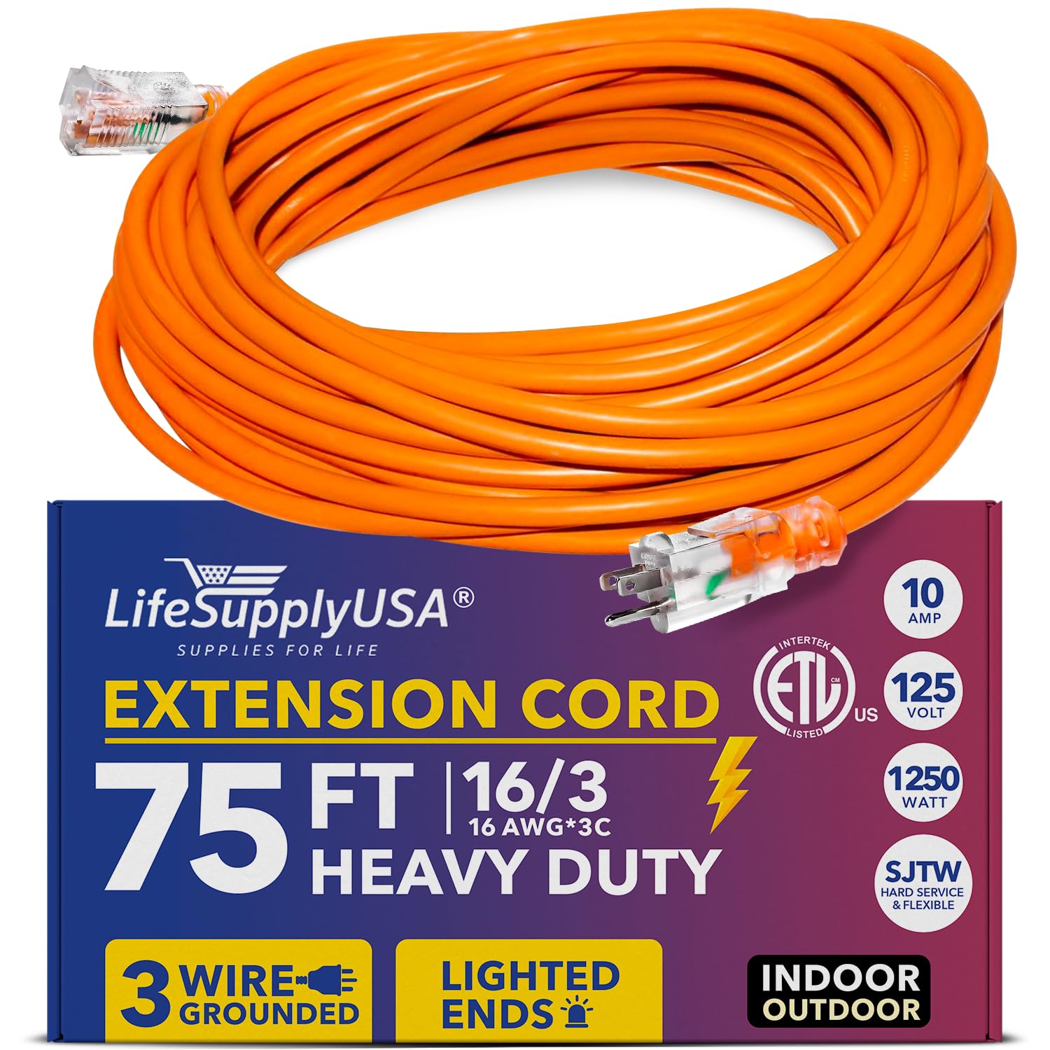 75ft Power Outdoor Extension Cord & Indoor - Waterproof Electric Drop Cord Cable - 3 Prong SJTW, 16 Gauge, 10 AMP, 125 Volts, 1250 Watts, 16/3 ETL Listed by LifeSupplyUSA - Orange (1 Pack)