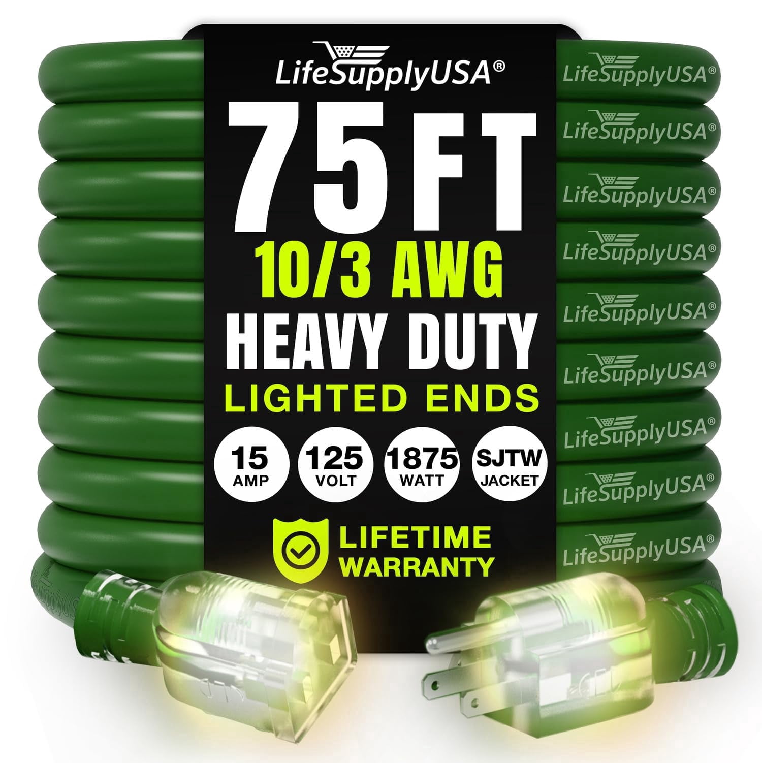 75ft Outdoor/Indoor Extension Cord 10/3 Gauge Ultra Heavy Duty 3 Prong SJTW, Waterproof, Flexible Cold-Resistant Long Power Cord,15A 125V 1875W, Green by LifeSupplyUSA