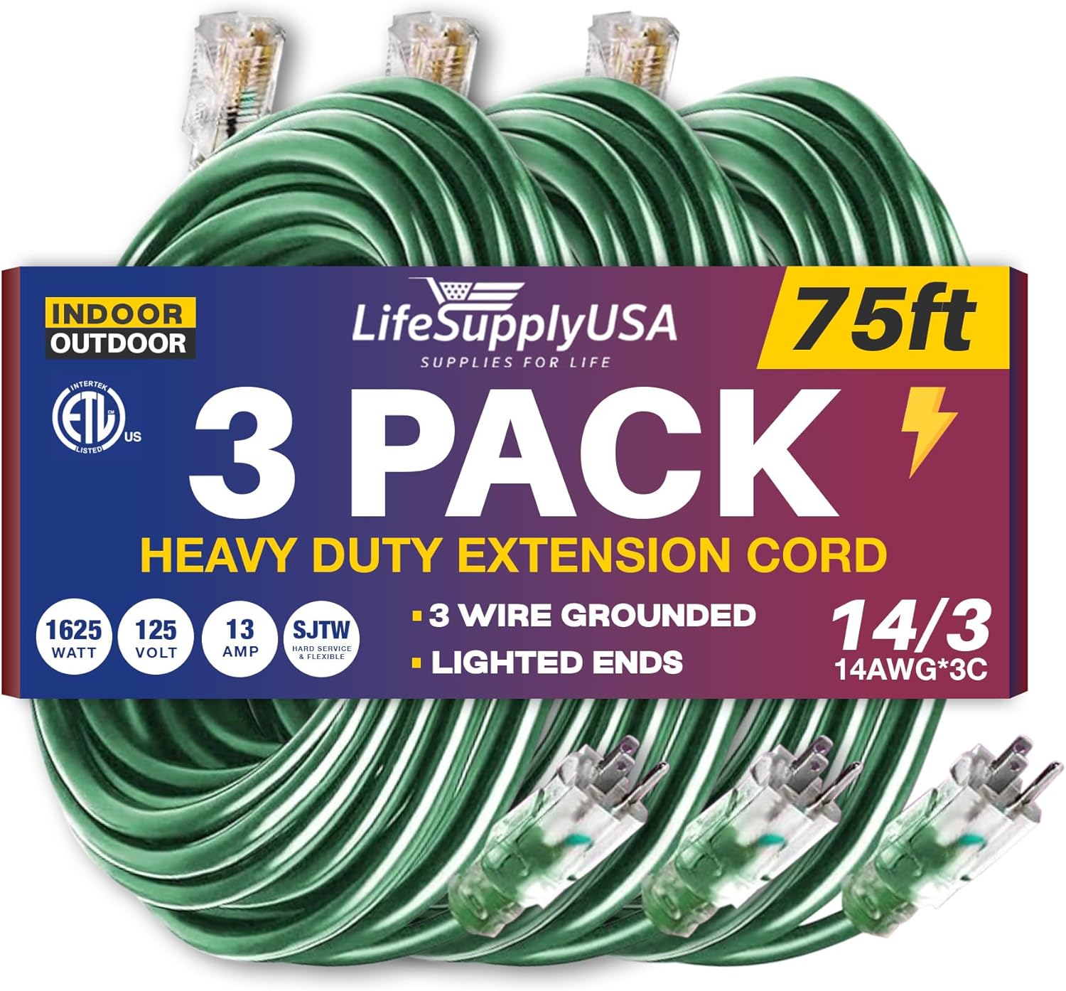 75ft Power Outdoor Extension Cord & Indoor Waterproof Electric Drop