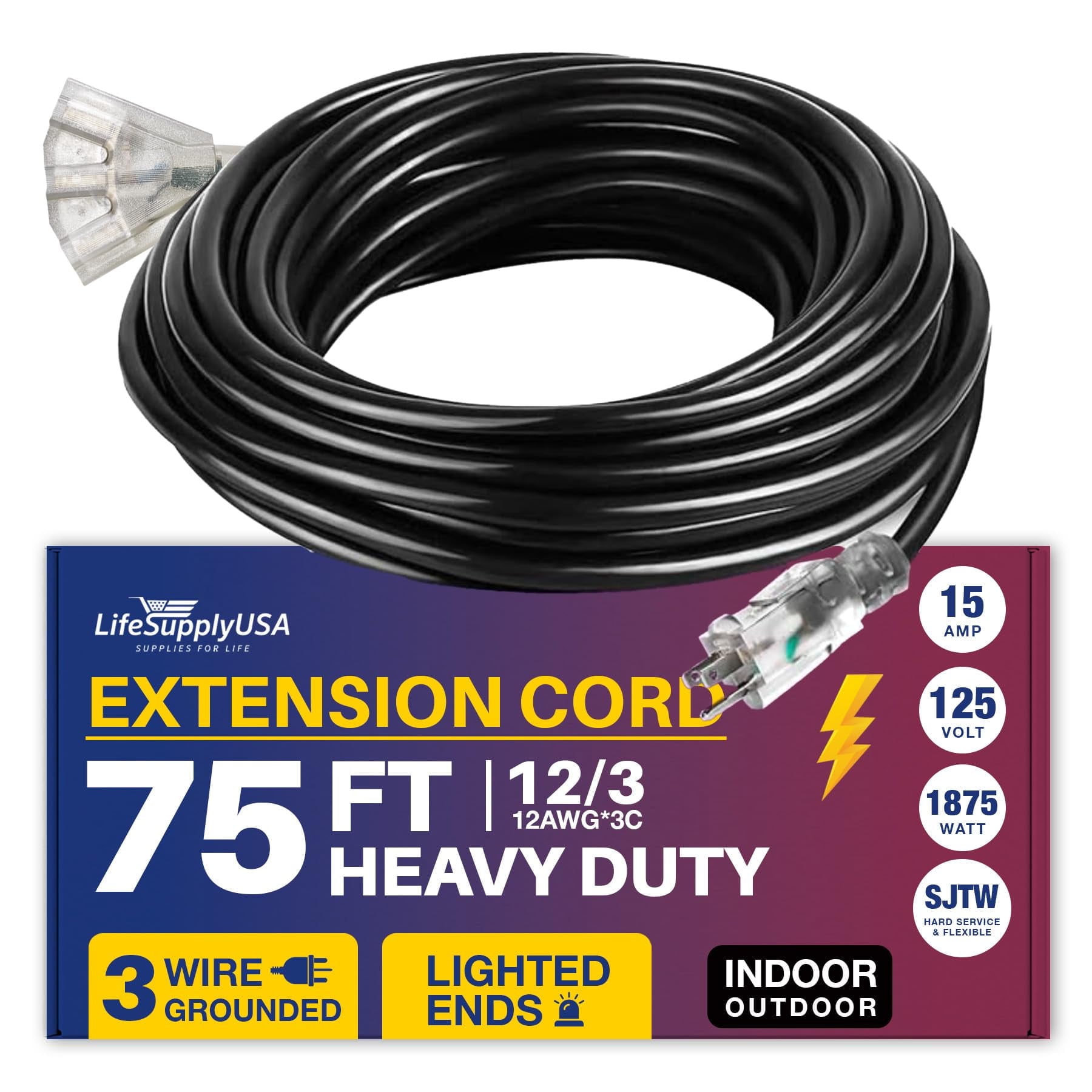 75ft Power Outdoor Extension Cord \u0026 Indoor - Waterproof Electric Drop Cord Cable - 3 Prong, 3-Outlet, SJTW, 12 Gauge, 15 AMP, 125 Volts, 1875 Watts, 12/3 by LifeSupplyUSA - Black (1 Pack)