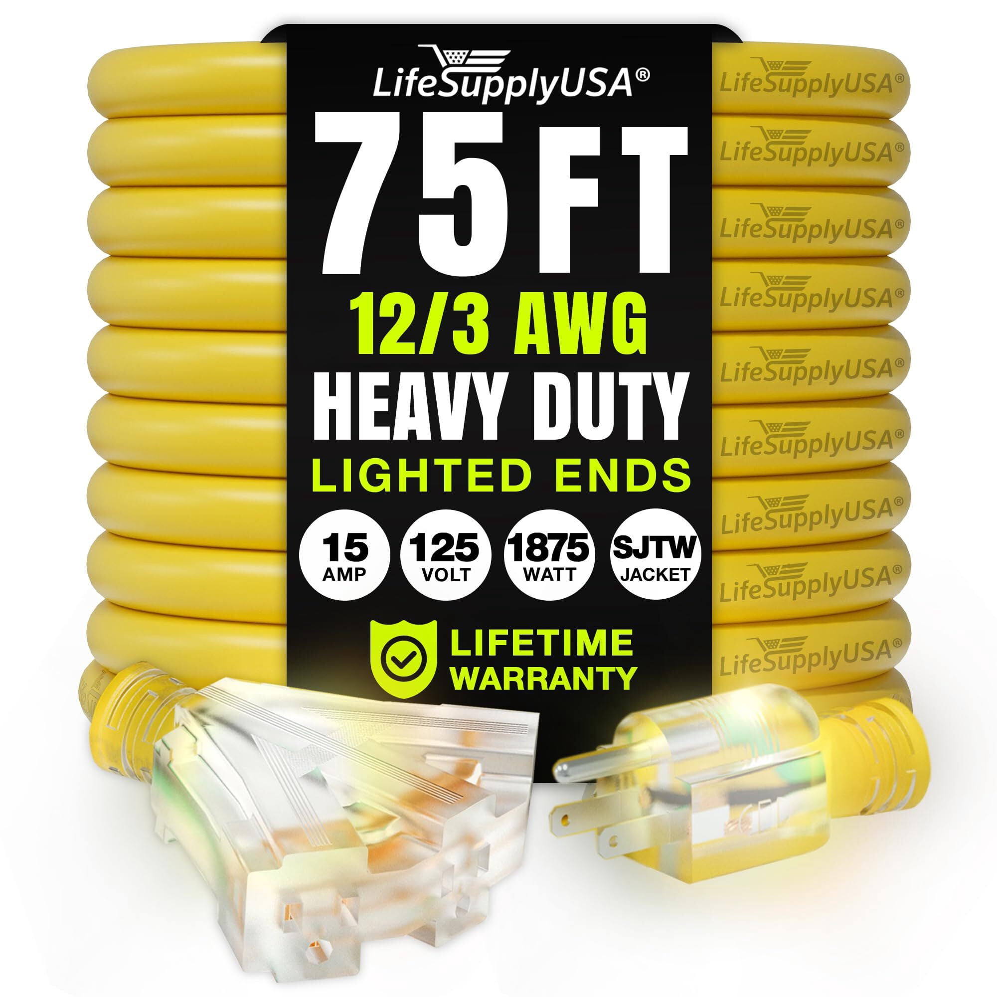 75ft Outdoor/Indoor Extension Cord 3-Outlet 12/3 Gauge Extra Heavy Duty 3 Prong SJTW, Waterproof, Flexible Cold-Resistant Long Power Cord,15A 125V 1875W, Yellow by LifeSupplyUSA