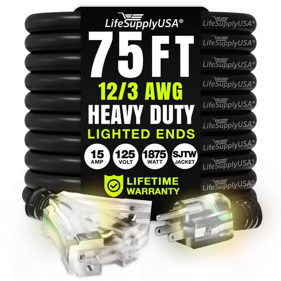 LifeSupplyUSA 75FT Black Extension Cord 12/3 Gauge, Heavy Duty 3 Prong Power Cord, 3-Outlet, Waterproof, Flexible, SJTW, 15A 125V 1875W - For Indoor/Outdoor