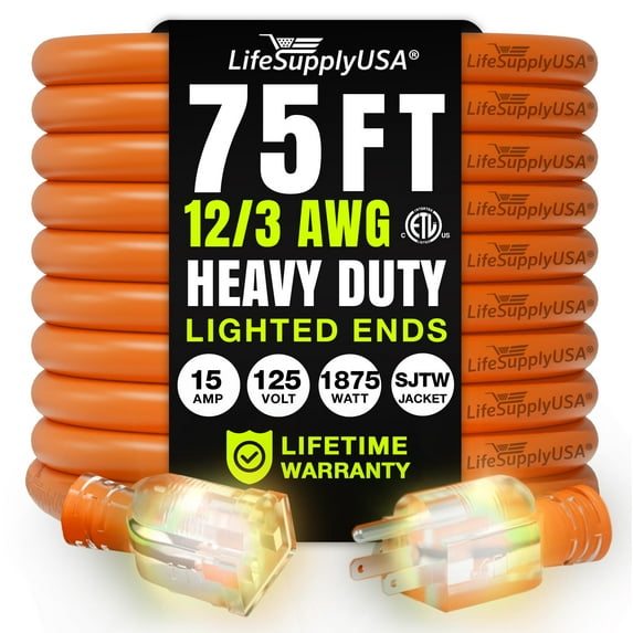 75ft Outdoor/Indoor Extension Cord 12/3 Gauge Extra Heavy Duty 3 Prong SJTW, Waterproof, ETL Listed, Flexible Cold-Resistant Long Power Cord,125 Amp 1875W, Orange by LifeSupplyUSA