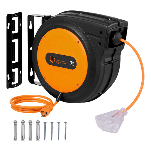 75ft Retractable Extension Cord Reel 14AWG/3C SJTOW Power Cord Orange