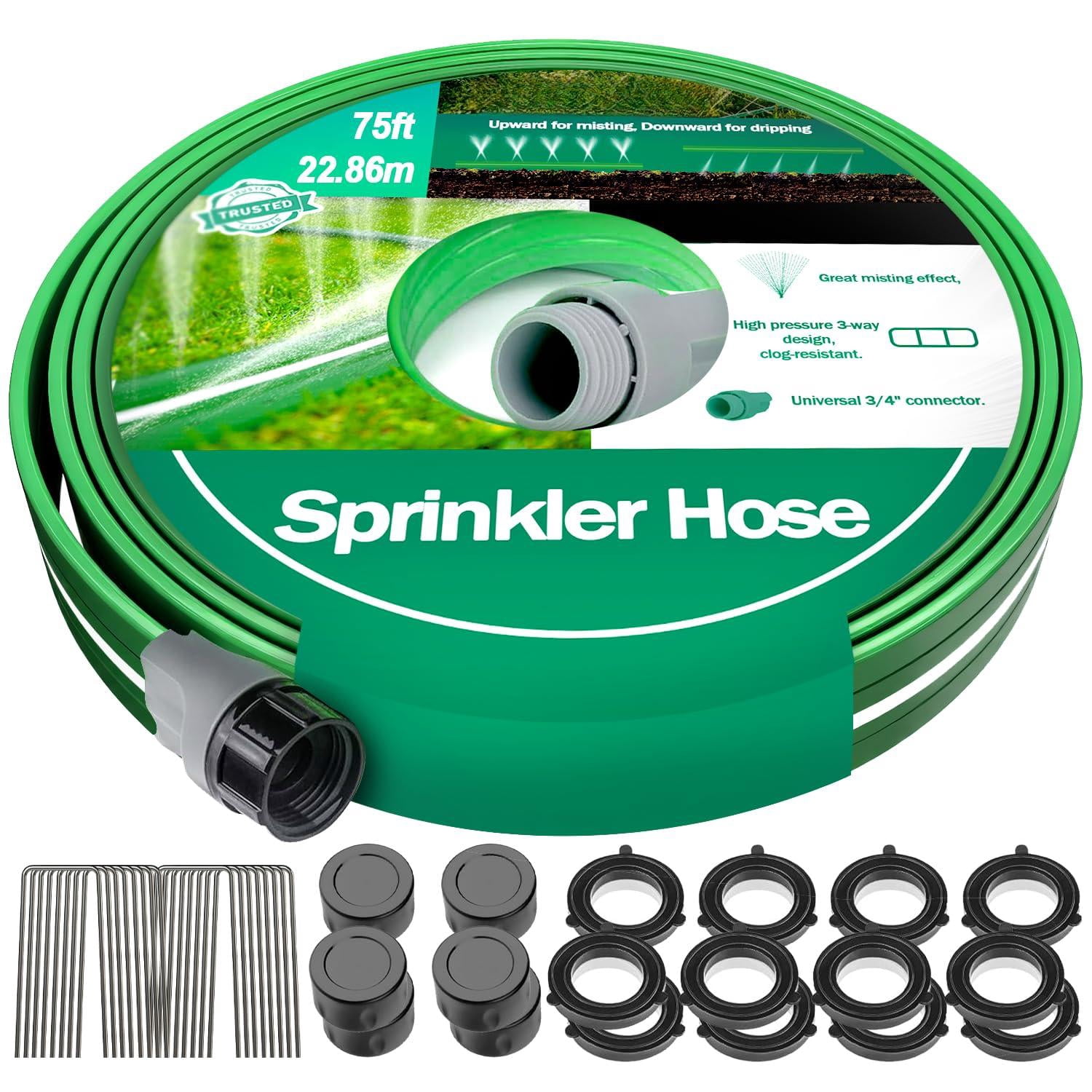 75ft Sprinkler Hoses For Lawn  Three-tube Flat Hose With Holes Heavy Duty Soaker Garden U-shaped Stakes Flexible Irrigation Yard