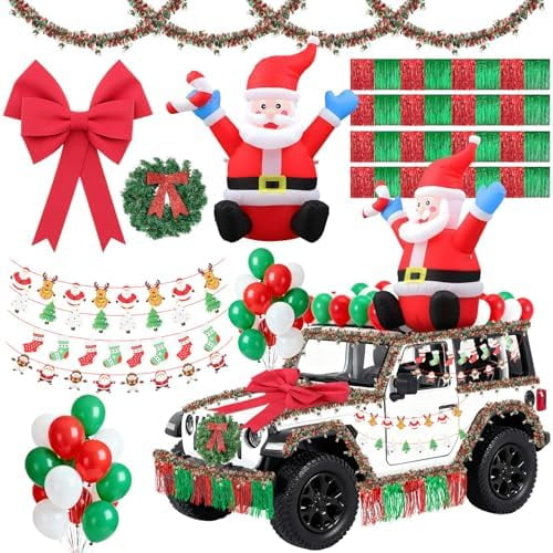 75pcs Christmas Parade Float Large Car Decoration 48inch Inflatable Santa Claus 24inch Giant Bow 1christmas Wreath 4red Green Metallic Foil Fringe 4 118.8inch Tinsel Garland 4banner 60balloon
