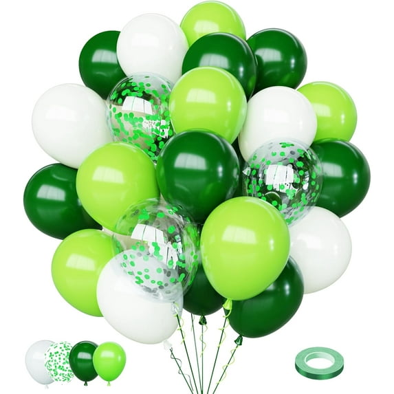 75pcs Green and White Balloons, 12Inch Dark Green and White Party Confetti Latex Balloons for St.Patrick's Day Birthday Baby Shower Jungle Decorations