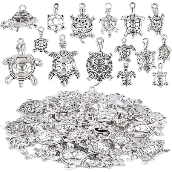 75pcs Tibetan Silver Mixed Turtle Shape Charms Vintage Alloy Sea Turtle Tortoise Dangle Pendants for DIY Necklace Bracelet Jewellery Making Supplies,15 Styles