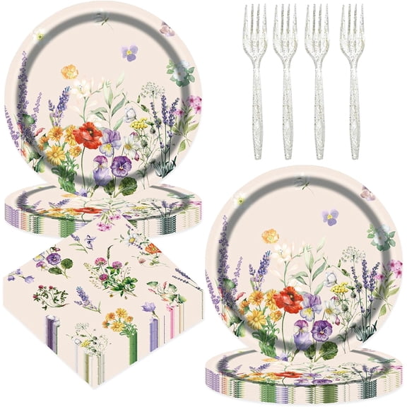 75pcs Wildfloral Paper Plates&Napkins-Disposable 7IN Watercolor Garden Flower Plates Set Tableware Decor for Birthday Spring Wedding Bridal Shower Baby Shower Picnic Tea Party Supplies-Serve 25
