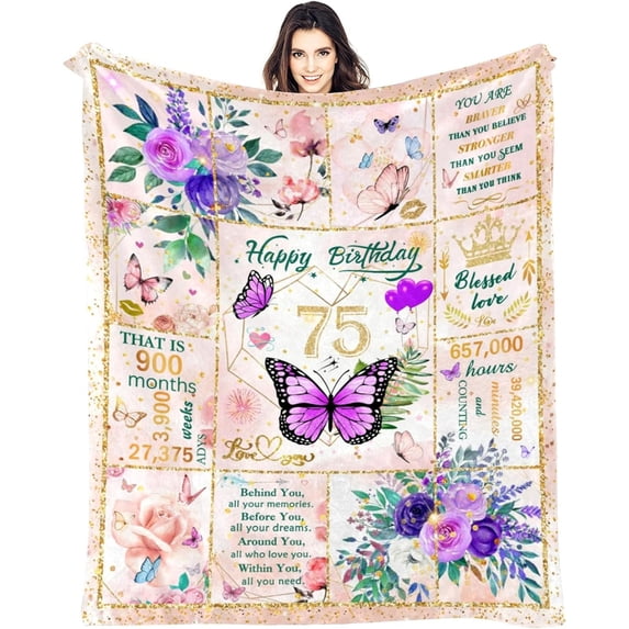 75th Birthday Blanket, 75 Year Old Gifts for Women, Happy 75th Birthday Gift Ideas, Butterfly Flower Throw Blanket Decorations Gifts for Birthday Anniversary Christmas Warm Flannel Blankets 50x60