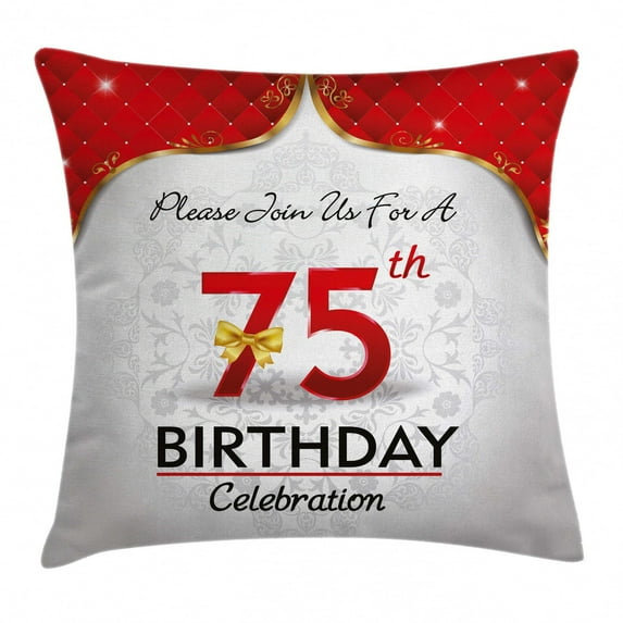 75th Birthday Decorations Throw Pillow Cushion Cover, Royal Display Birthday Party Floral Invitation Ceremony Bow, Decorative Square Accent Pillow Case, 20 X 20 Inches, Gold Red White, by Ambesonne