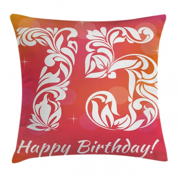 75th Birthday Decorations Throw Pillow Cushion Cover, Seventy Five with Floral Details and Swirls Little Stars, Decorative Square Accent Pillow Case, 24 X 24 Inches, Pink Orange White, by Ambesonne