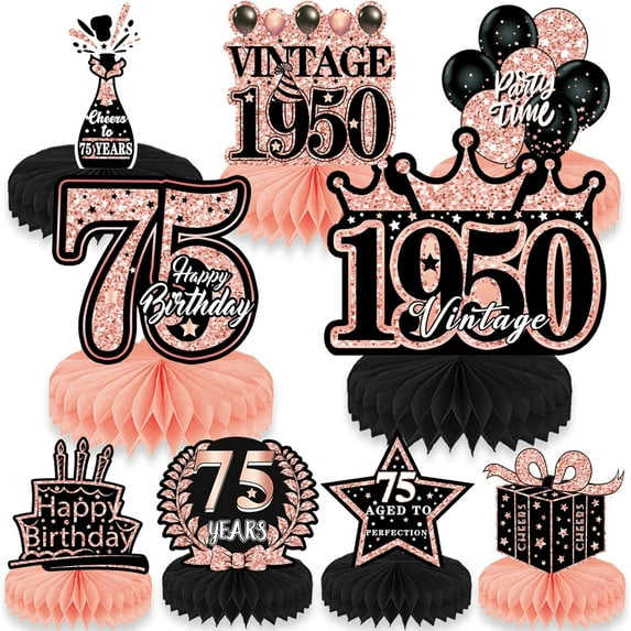 75th Birthday Decorations Women, 9PCS Rose Gold 75th Birthday Honeycomb Centerpieces Table Decorations, Vintage 75 Years Birthday Party Decor Supplies