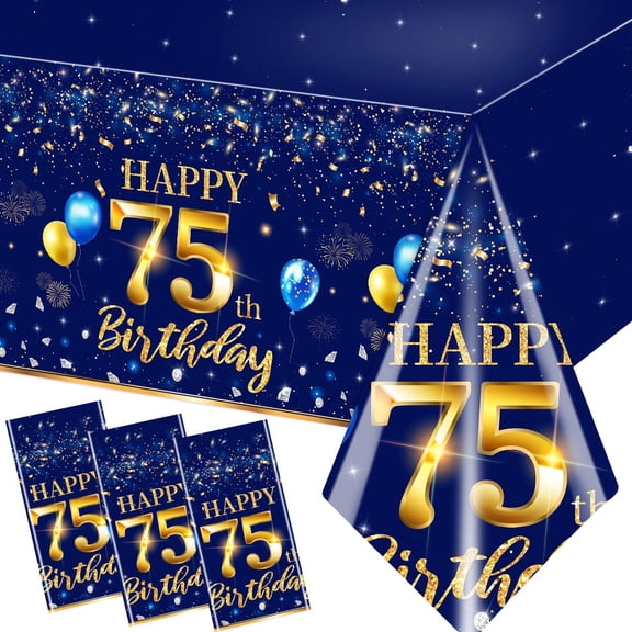 75th Birthday Decorations for Men - 3pcs Navy Blue and Gold Waterproof Plastic Table Covers, Rectangular Tablecloth Party Supplies
