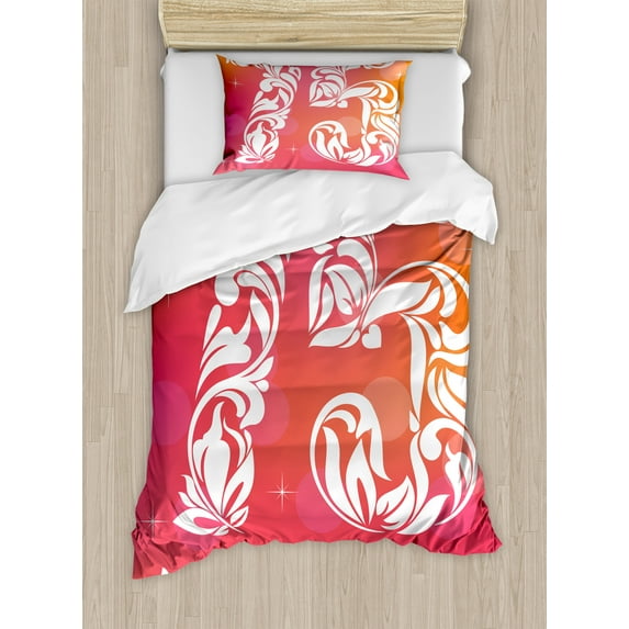 75th Birthday Duvet Cover Set, 75 Number with Floral Details and Swirls Little Stars, Decorative 2 Piece Bedding Set with 1 Pillow Shams, Twin Size, Pink Orange and White, by Ambesonne