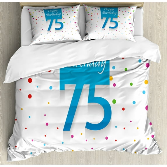 75th Birthday Duvet Cover Set King Size, Colorful Confetti Rain with Polka Dots Hand Written Celebration Party Theme, Decorative 3 Piece Bedding Set with 2 Pillow Shams, Multicolor, by Ambesonne