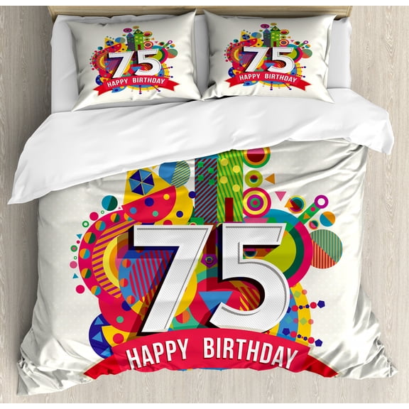 75th Birthday Duvet Cover Set King Size, Festive and Geometrical Colorful Cartoon Style Label in Vibrant Colors Print, Decorative 3 Piece Bedding Set with 2 Pillow Shams, Multicolor, by Ambesonne