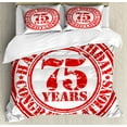 thumbnail image 1 of 75th Birthday Duvet Cover Set, Aged Worn Old Display of a Grunge Rubber Stamp with Congratulation Theme, Decorative 3 Piece Bedding Set with 2 Pillow Shams, Queen Size, White Red, by Ambesonne, 1 of 3