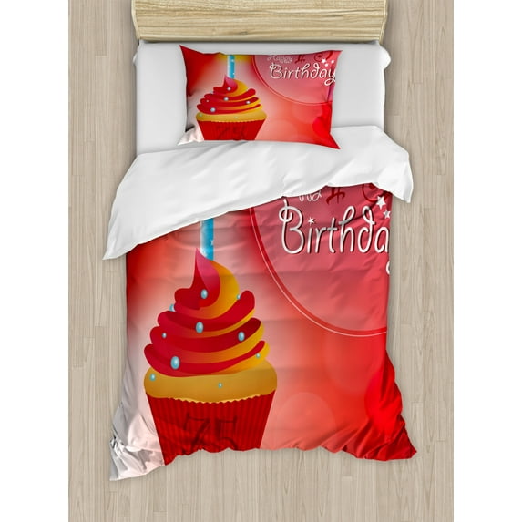 75th Birthday Duvet Cover Set, Burning Starry Candle on a Creamy Delicious Cupcake Intimate Party, Decorative 2 Piece Bedding Set with 1 Pillow Shams, Twin Size, Red Orange and Blue, by Ambesonne