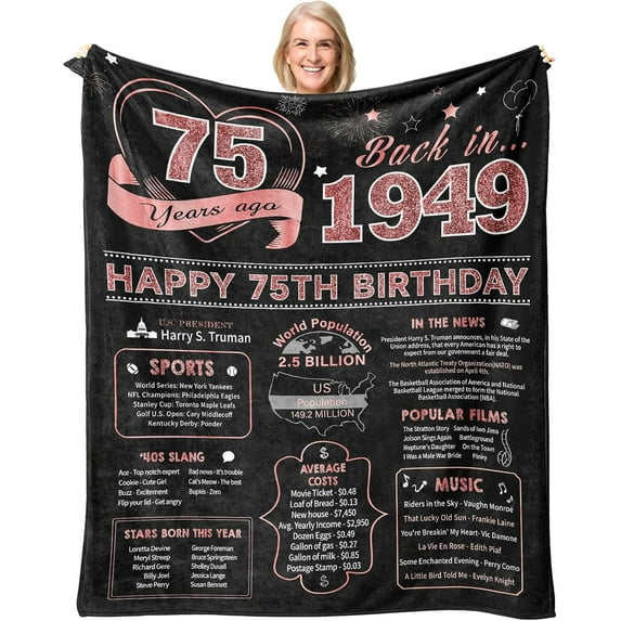 75th Birthday Gifts for Women, 75 Year Old Birthday Gifts for Women, Gifts for 75 Year Old Woman, Happy 75th Birthday Gift Ideas, Back in 1949 Bday Decorations Throw Blanket 60"X50"