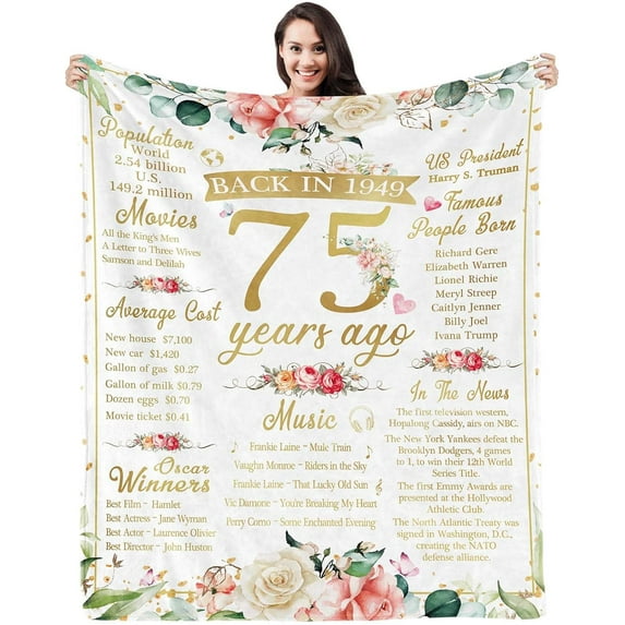 75th Birthday Gifts for Women Happy 75th Birthday Decorations Best 75 Year Old Gifts for Grandma Mom Wife Friend Back in 1949 Birthday Gift Ideas Throw Blanket