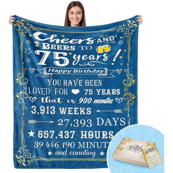 75th Birthday Gifts for Women Men 75th Birthday Decorations for Women Gifts for 75th Birthday Happy 75th Birthday Gifts Best 75th Birthday Gift Idea for Wife Husband Mom Dad Blanket 60x50 In(Cheers)