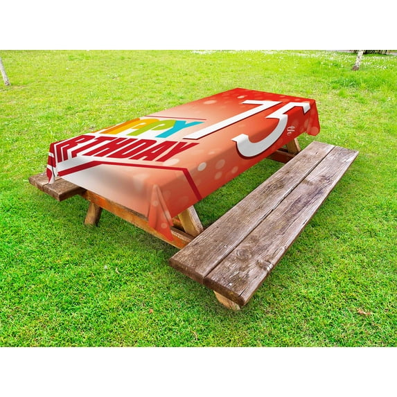 75th Birthday Outdoor Tablecloth, Old Age Seventy Five Years Old Party Invite in Retro Style Greeting Theme, Decorative Washable Fabric Picnic Tablecloth, 58 X 104 Inches, Multicolor, by Ambesonne