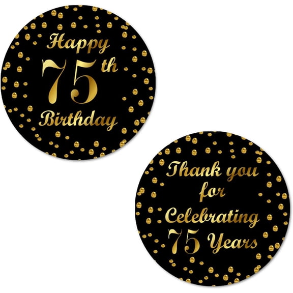 75th Birthday Round 2 Inch Big Glossy Stickers, Thank You for Celebrating 75 Years Black and Gold Labels, Great for Party Favors, Decorations, Tags, Gift Bags and Supplies