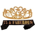 thumbnail image 1 of 75th Birthday Sash and Tiara Set for Women - 75 and Fabulous Glitter Sash - Floating Heart Rhinestone Gold Tiara - Gift for 75th Celebration Decorations, and Accessories, 1 of 8