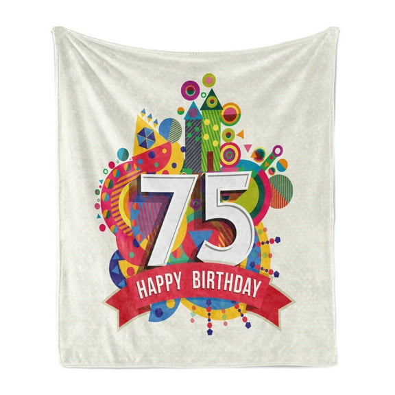 75th Birthday Soft Flannel Fleece Throw Blanket, Geometrical Colorful Cartoon Style Design in Vibrant Colors, Cozy Plush for Indoor and Outdoor Use, 60" x 80", Multicolor, by Ambesonne