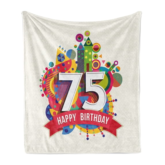 75th Birthday Soft Flannel Fleece Throw Blanket, Geometrical Colorful Cartoon Style Design in Vibrant Colors, Cozy Plush for Indoor and Outdoor Use, 70" x 90", Multicolor, by Ambesonne