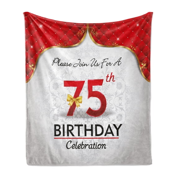 75th Birthday Soft Flannel Fleece Throw Blanket, Royal Classical Birthday Party Floral Invitation Ceremony Please Join Us, Cozy Plush for Indoor and Outdoor Use, 70" x 90", Multicolor, by Ambesonne