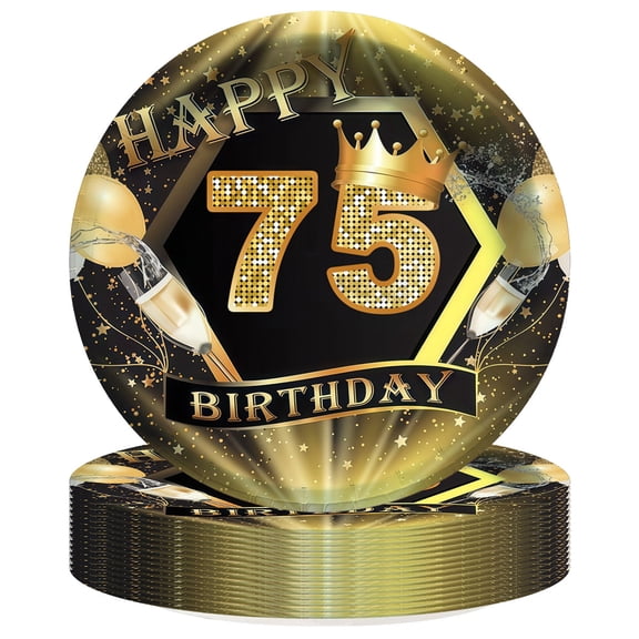 75th Black Gold Glitter Theme Paper Plates Birthday Party Supplies Decorations 16pcs Tableware Disposable Dinnerware