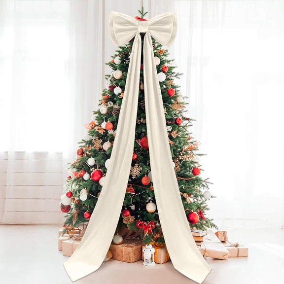 75x18 Inch Ribbon Tie Giant Bow Decor, Christmas Tree Topper Christmas Decoration, Big Bows for Room Wall Backdrop, Perfect for Wedding Birthday Party Baby Shower Supplies(Ivory-Velvet)