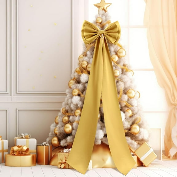 75x18 Inch Ribbon Tie Giant Bow Decor, Christmas Tree Topper Christmas Decoration, Big Bows for Room Wall Backdrop, Perfect for Wedding Birthday Party Baby Shower Supplies(Gold-Satin)