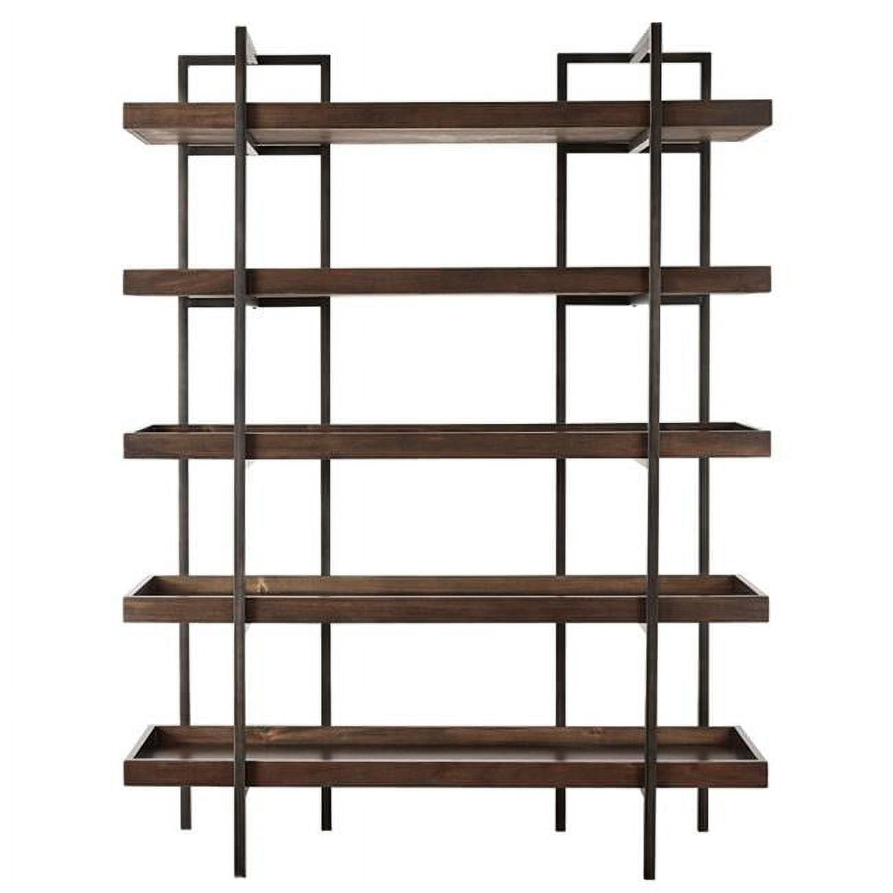 Walnut Brown Bookcase with Black Metal Frame and 5 Fixed Shelves