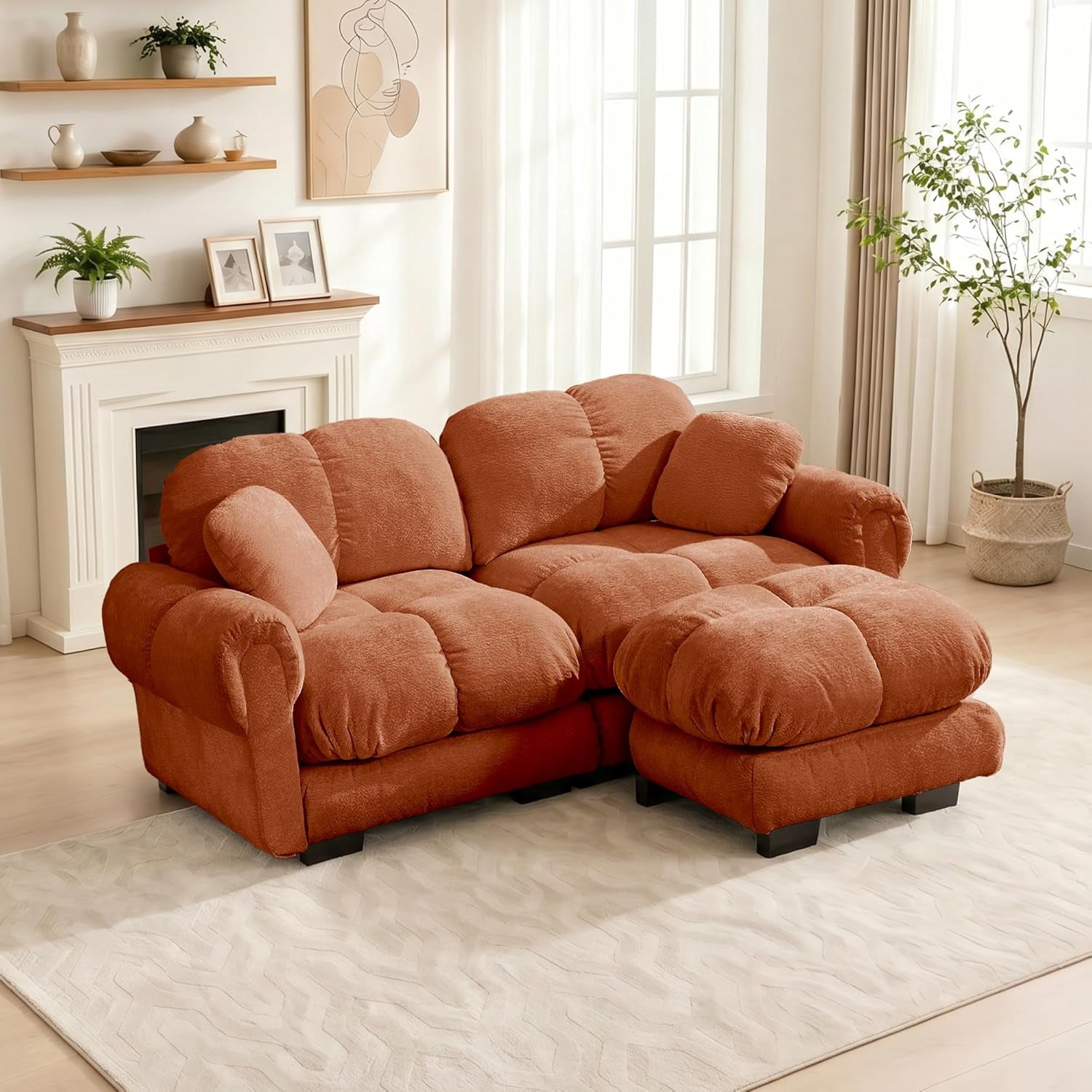 76.3'' Oversized Cloud Sectional Couch, Glossy Chenille Loveseat Couches | Modern Modular Sectional Sofa with Ottoman, Comfy Upholstered Living Room Sofas for Small Spaces, Apartment, Offices, Orange