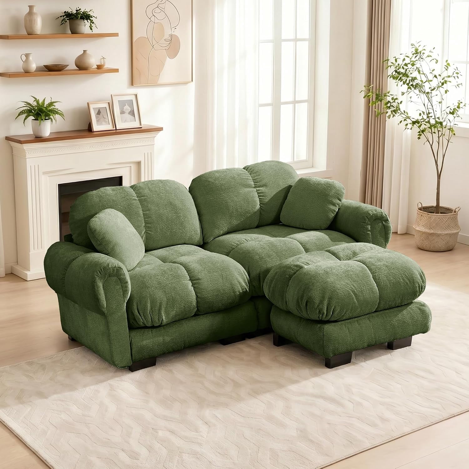 76.3'' Oversized Cloud Sectional Couch, Glossy Chenille Loveseat Couches | Modern Modular Sectional Sofa with Ottoman, Comfy Upholstered Living Room Sofas for Small Spaces, Apartment, Offices, Green