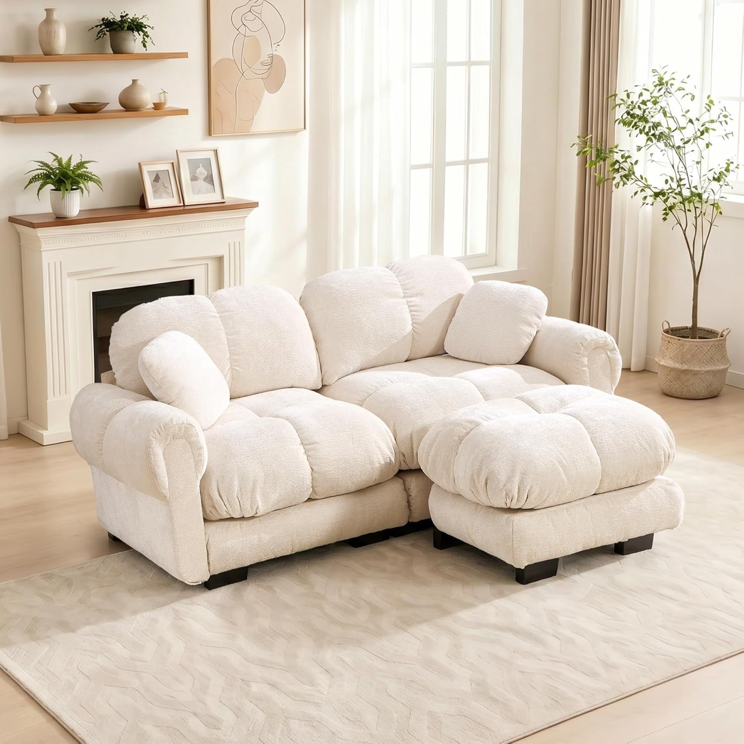 76.3'' Oversized Cloud Sectional Couch, Glossy Chenille Loveseat Couches | Modern Modular Sectional Sofa with Ottoman, Comfy Upholstered Living Room Sofas for Small Spaces, Apartment, Offices, Beige