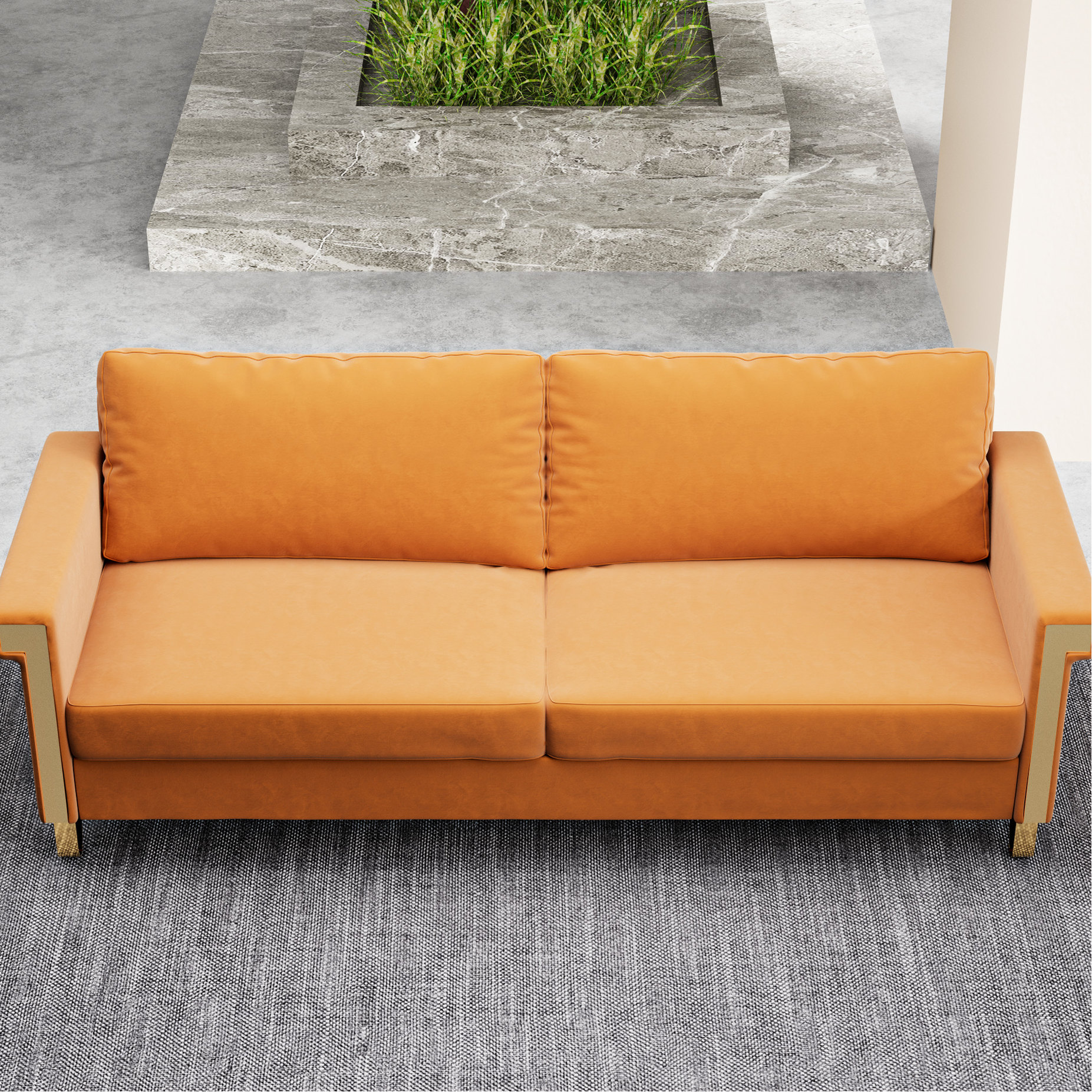 76.34in Wide Modern Orange Velvet Sofa with Gold Metal Legs and High ...