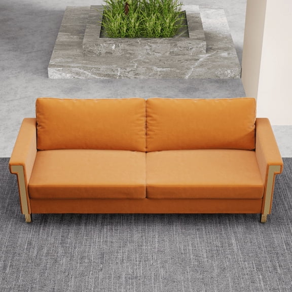 76.34in orange velvet sofa Gold metal legs + deep cushions = max comfort! Modern, stylish living room game changer. That pop of color?