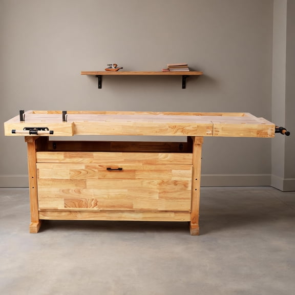 76.4 x 26.4 Inch Large Natural Wood Tone Solid Rubber Wood Workbench for Residential Woodworking with Storage