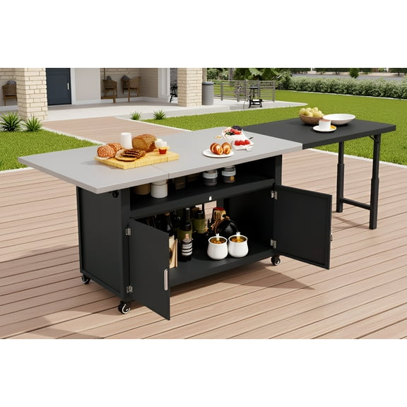 76.5" Outdoor Kitchen Cabinet BBQ prep station with Foldable Work Surface - Stainless Steel Top, Lockable Wheels, Spacious Storage for BBQ & Grilling - Matte Black Utility Cart