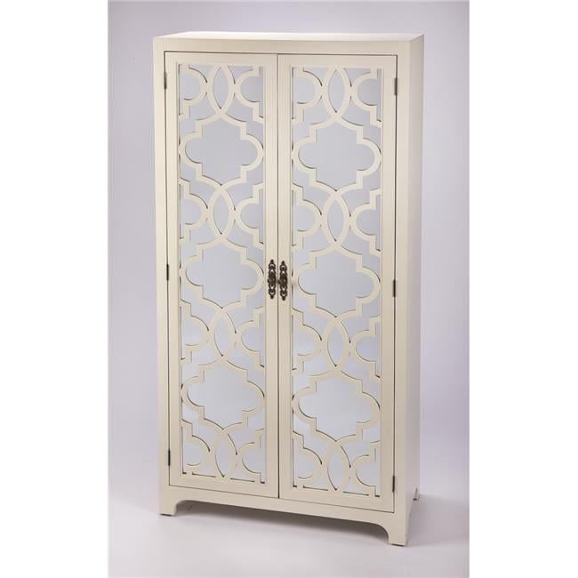 Elegant White Mirrored Armoire with Trellis Pattern and Brass Handles