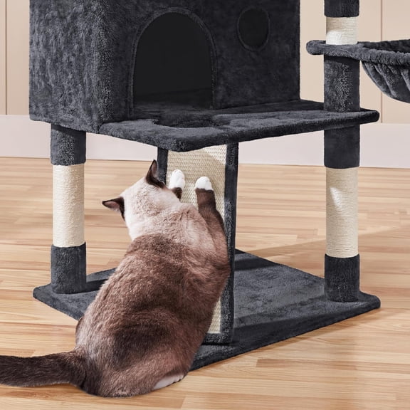 76.5in Multi-Level Large Cat Tree, Big Cat Tower with 3 Condos, Cozy Plush Perches, 9 Sisal Scratching Posts and Ladder, Activity Center for Large Kitties, Black