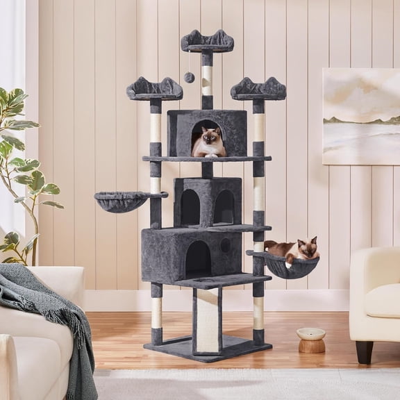 76.5in Multi-Level Large Cat Tree, Big Cat Tower with 3 Condos, Cozy Plush Perches, 9 Sisal Scratching Posts and Ladder, Activity Center for Large Kitties, Dark Gray